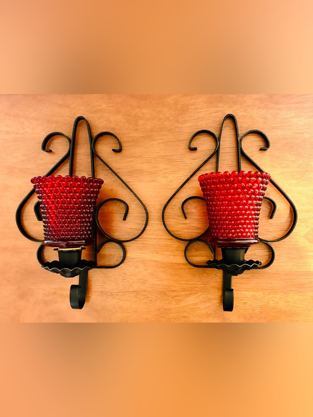 MCM Homco Wrought Iron Sconces Bundle Red Hobnail & Clear Diamond Votives